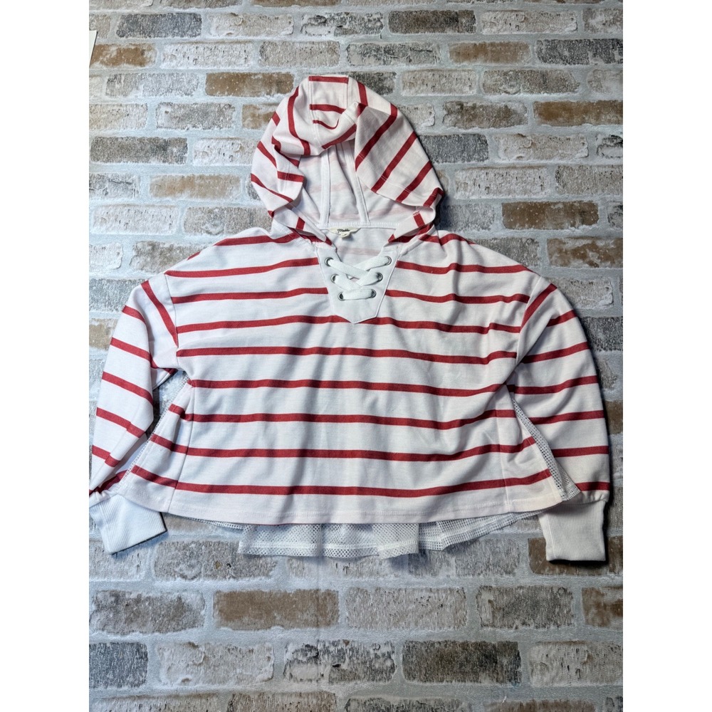 Maddie Womens Red White Striped Lace Up Hoodie Mesh Back Ruffle Sweatshirt M